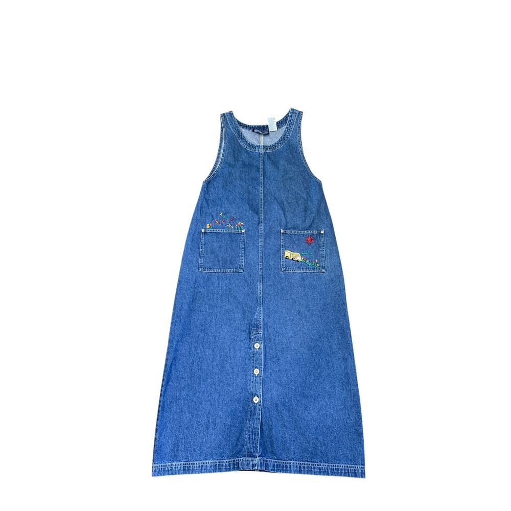 Vintage True Blue Denim Button Front Dress Size L 100% Cotton
